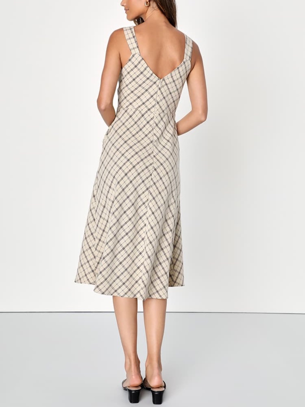 Lulu’s Uptown Affection Beige Plaid A-Line Midi Dress with Pockets Size L - Picture 4 of 16